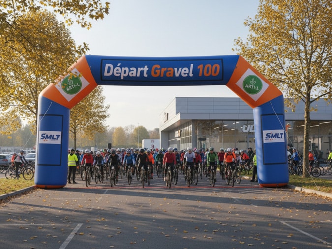 Arche gonflable pour évènement sportif lors d'une course gravel