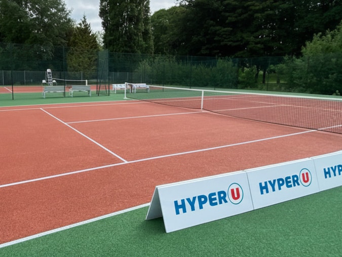 Ensemble de toblerone publicitaire au bord d'un terrain de tennis