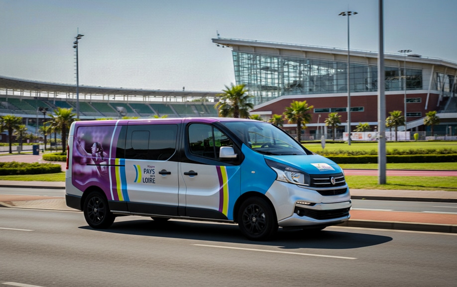 Minibus de la Ligue de Tennis de Table des Pays de la Loire passant devant un complexe sportif