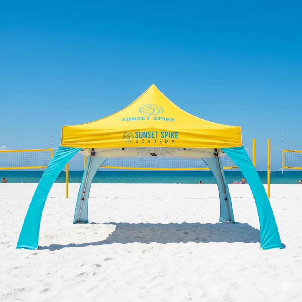 Tente pliante sportive personnalisée installée sur une plage pour un événement sportif, utilisée comme espace d’accueil et de visibilité pour une académie de volley