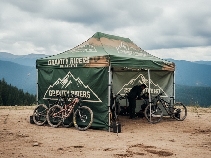 Tente pliante sportive personnalisée utilisée pour une compétition de VTT